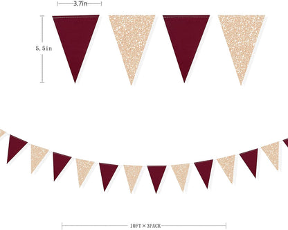 Burgundy Party Decorations Maroon Champagne Gold Triangle Banner Flag Bunting Pennant for Birthday