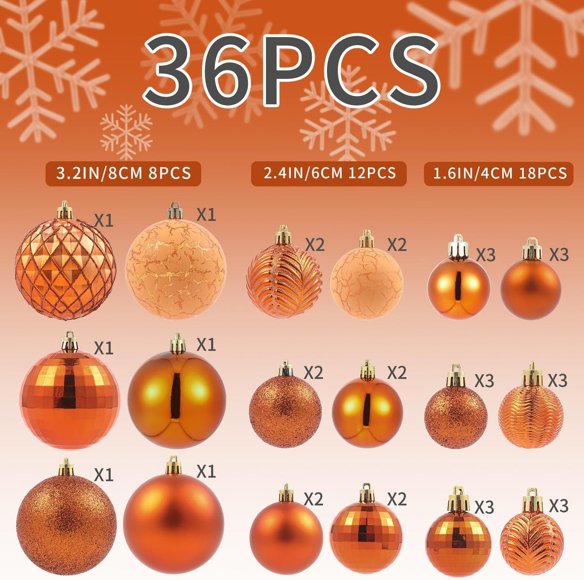 LANGXUN 36pcs Copper Orange Christmas Tree Decorations Balls, Bolas De Navidad, 2025 Christmas