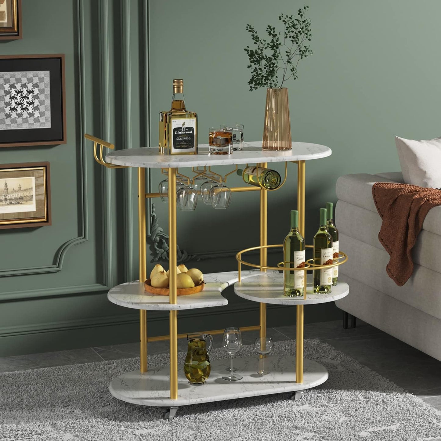Gold Bar Carts with 4-Tier Storage Shelves, Mobile Bar Serving Cart with Wine Rack and Glass