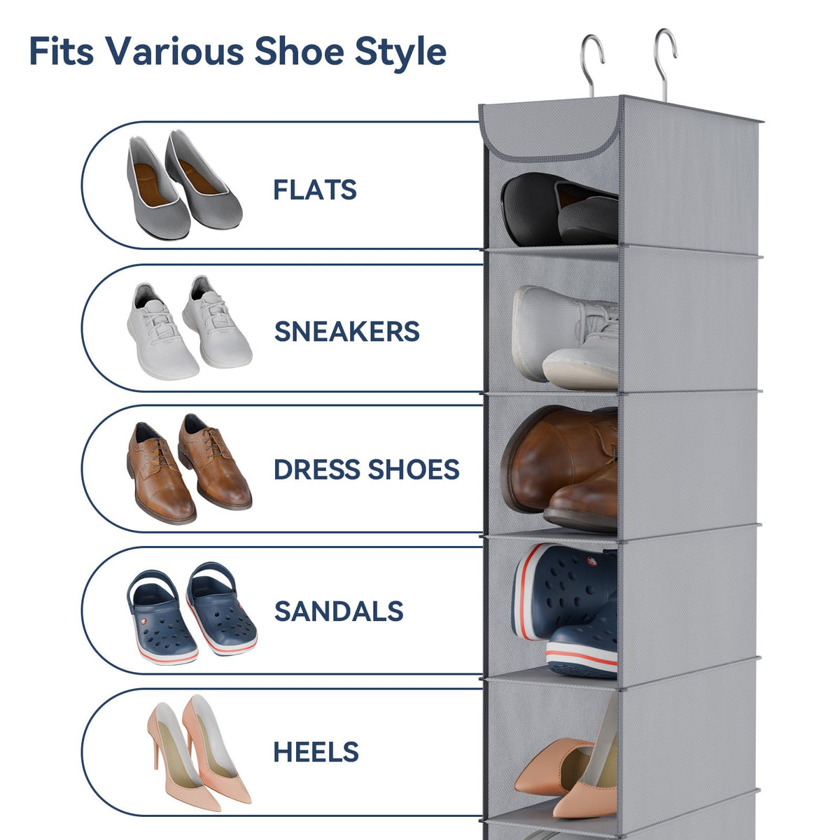 Whitmor Hanging Shoe Organizer, 8 Shelves-Hanging Closet Organizer, Hanging Shoe Rack for Small