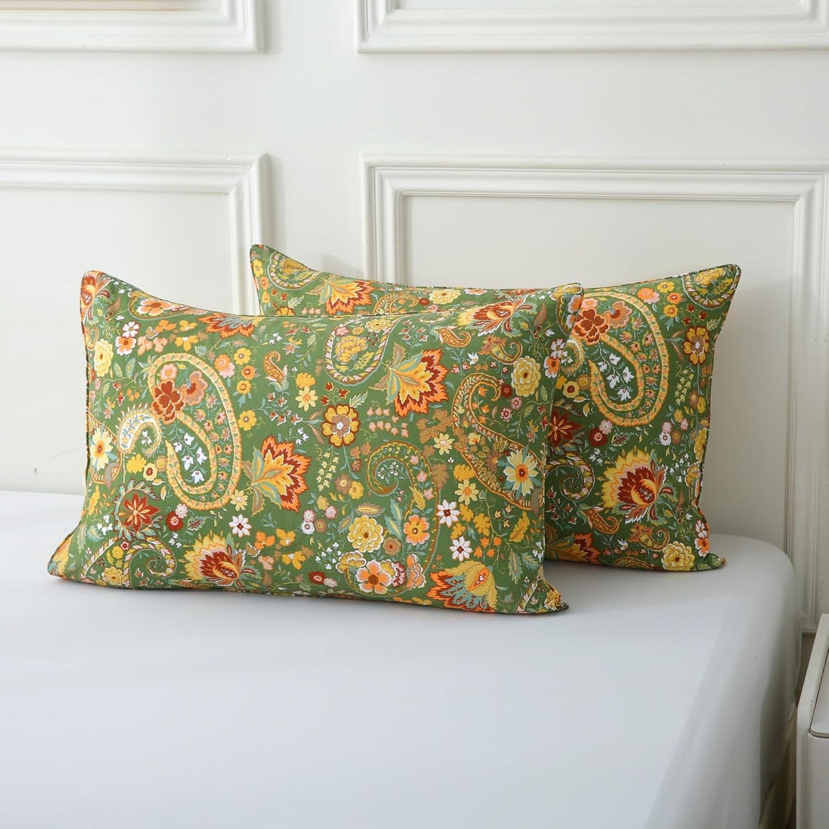 ABREEZE Paisley Bedding Sets 3Pcs Brushed Cotton Duvet Cover Set Queen Size Rustic Damask Green