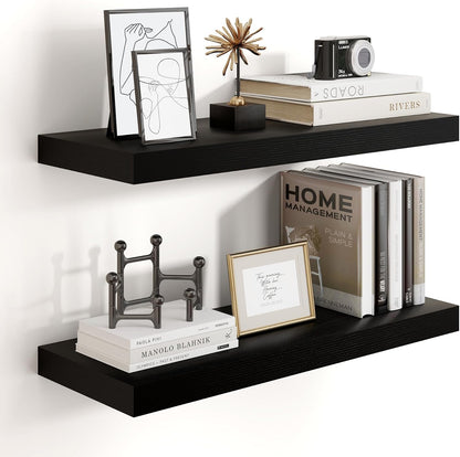 Heimlove 24 inch Floating Shelves for Wall,9.3 inch deep Black Wood Shelves with Invisible