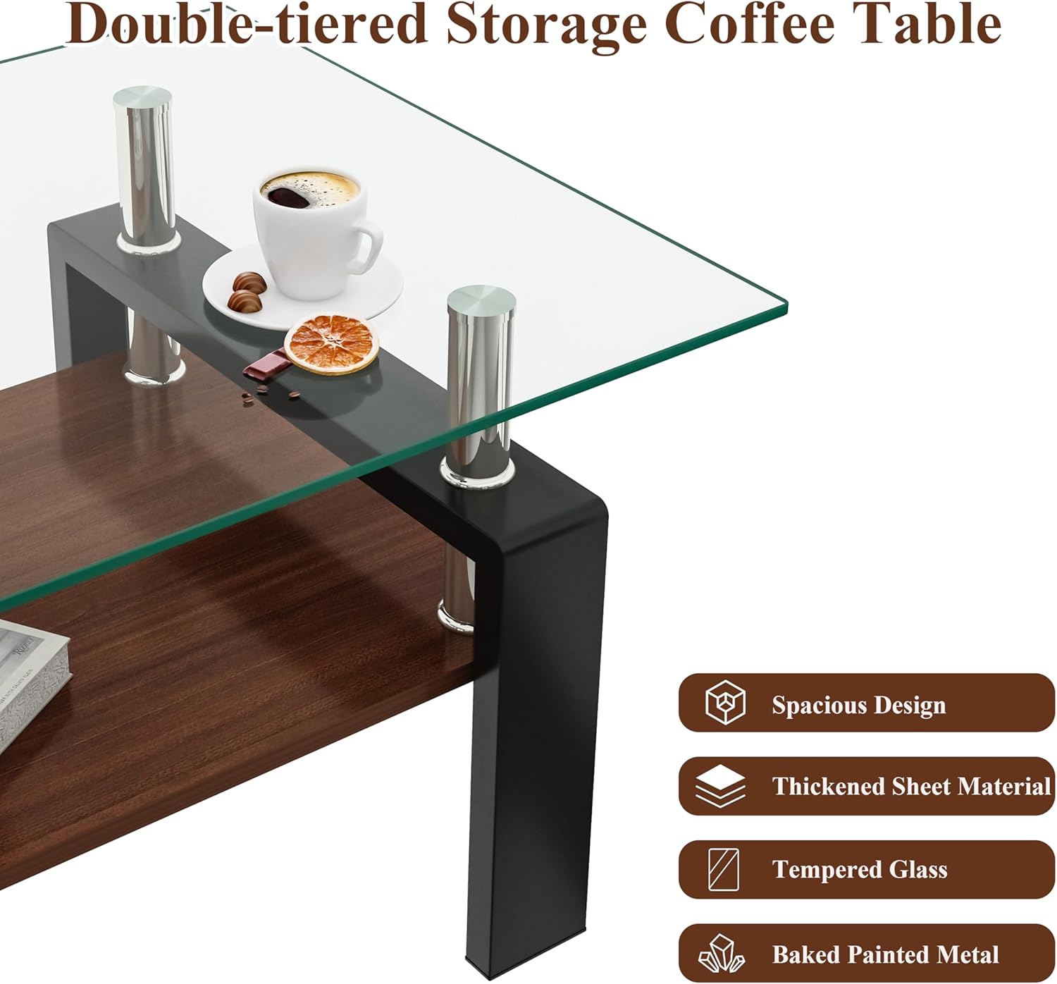 Tempered Glass Coffee Table Rectangle Living Room Center Table, with 39" Clear Top and Brown MDF