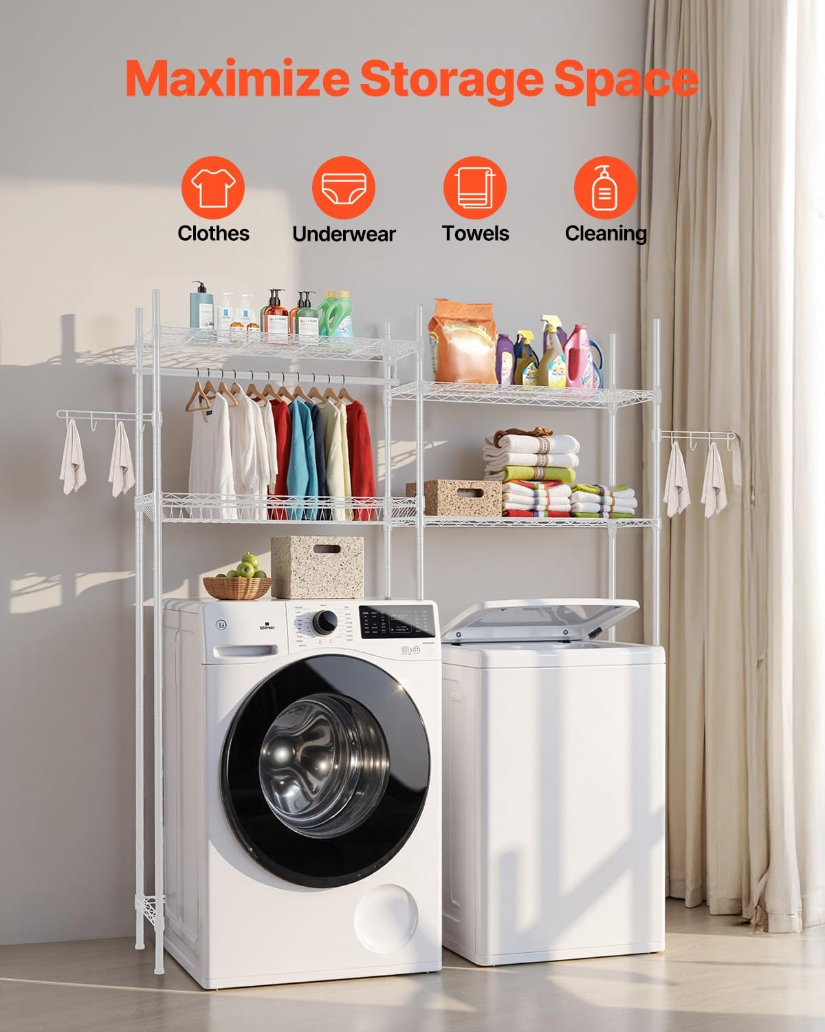 VEVOR Over The Washer and Dryer Storage Shelf, 4 Tier Laundry Room Drying Rack with Hanger Rod and