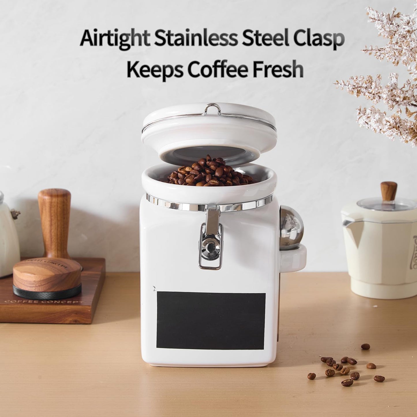 Ceramic Coffee Canister with Airtight Lid and Scoop, Large 78 Fl Oz / 2.3 L Kitchen Food Storage
