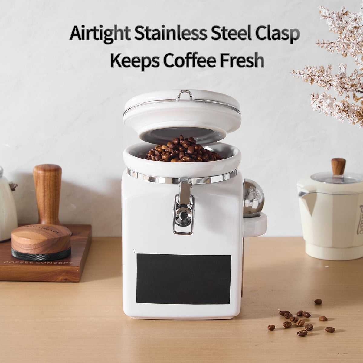 Ceramic Coffee Canister with Airtight Lid and Scoop, Large 78 Fl Oz / 2.3 L Kitchen Food Storage