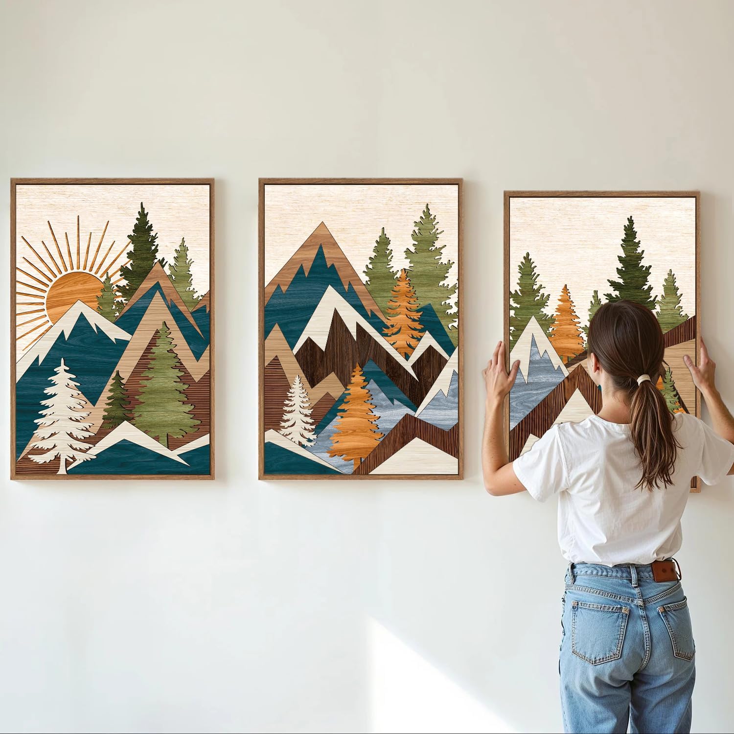 Tinonedraw Large Metal Mountain Framed Canvas Wall Art, Boho Rustic Sunrise Forest Wall Decor, 3