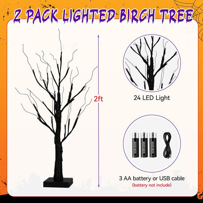 Halloween Decorations Indoor,2 Pack 2FT Birch Tree with 24 Orange and Purple LED Lights,Black
