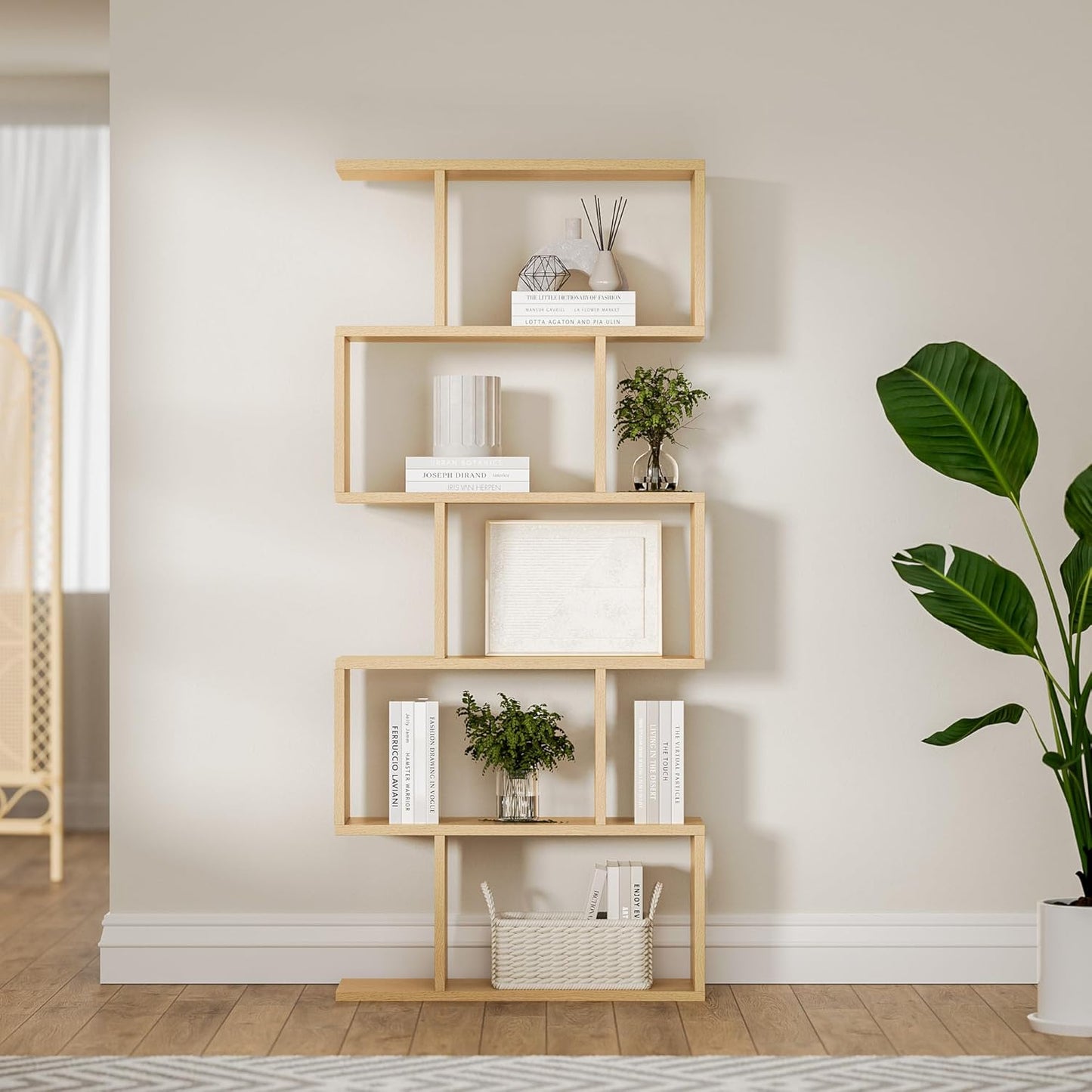 Oak 5-Tier Geometric Bookcase, S-Shaped Modern Bookshelf Set of 2, 62.6" Tall Room Divider Book