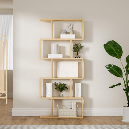 Oak 5-Tier Geometric Bookcase, S-Shaped Modern Bookshelf Set of 2, 62.6" Tall Room Divider Book