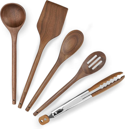Elegant 5-Piece Walnut Wood Kitchen Utensil Set – Non-Scratch, Heat-Resistant Cooking Utensil Set