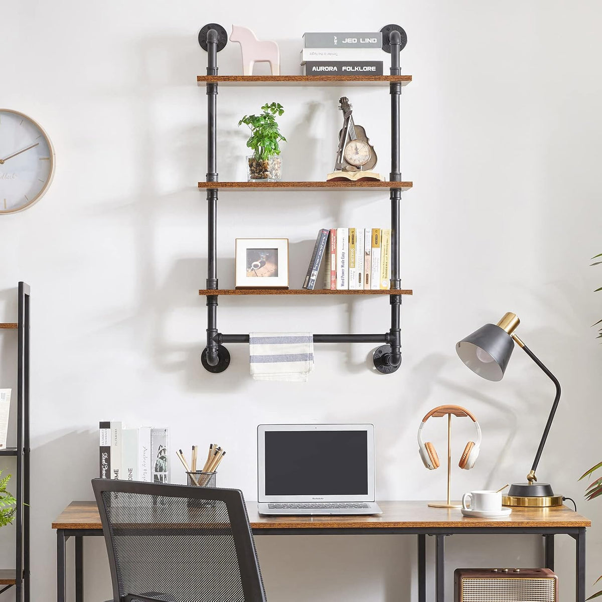 IBUYKE Industrial Pipe Shelf,40.5 inches Wall Mount Bookcase,3-Tier Wall Shelf with Towel