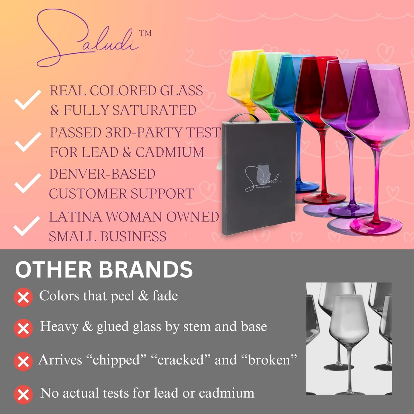 Saludi Colored Wine Glasses, 16.5oz (Set of 6) Stemmed Frida-Color Glass - Great for all Wine Types