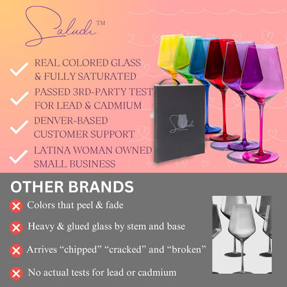 Saludi Colored Wine Glasses, 16.5oz (Set of 6) Stemmed Frida-Color Glass - Great for all Wine Types