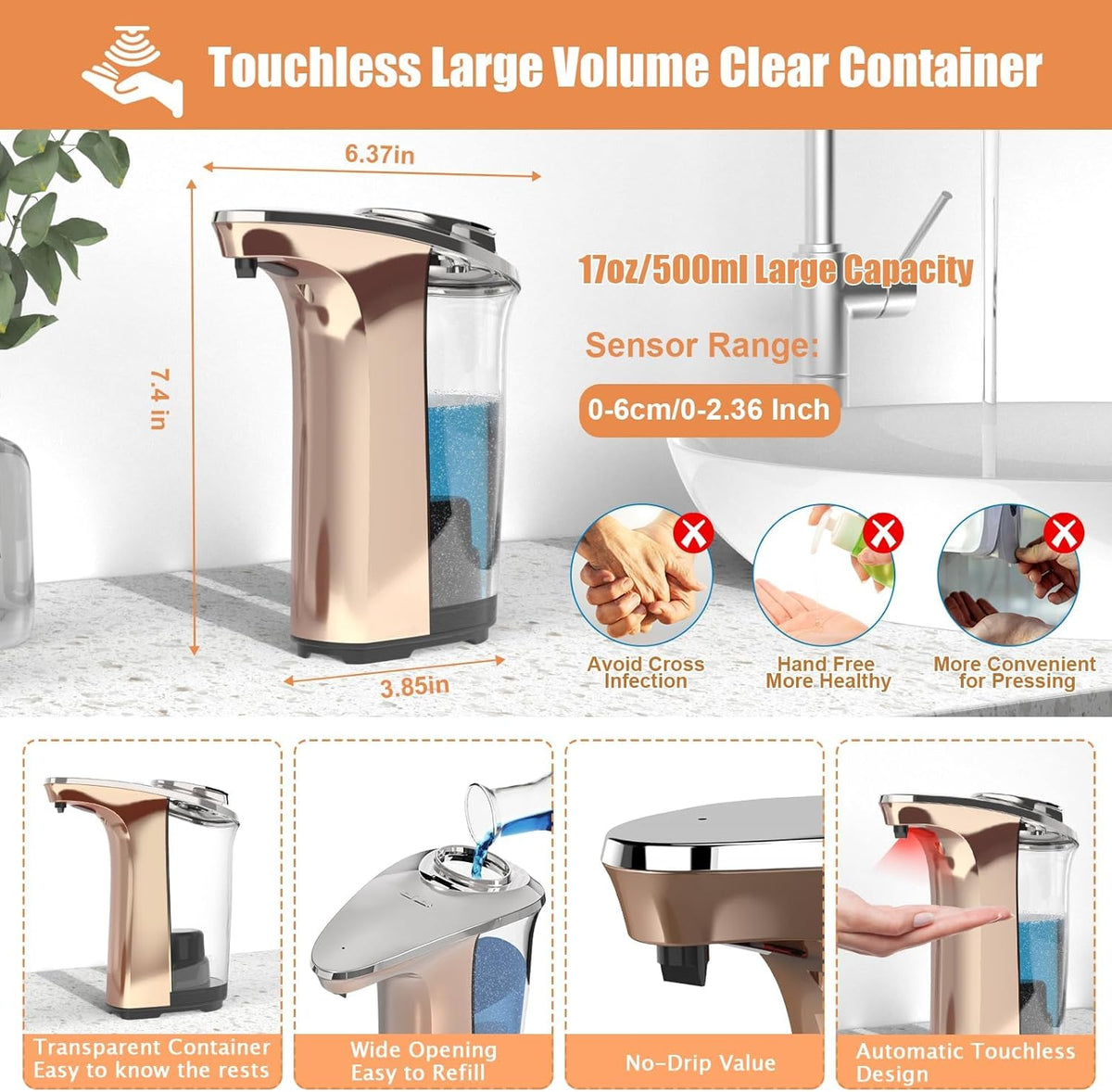 Automatic Soap Dispenser, PZOTRUF Touchless 17oz/500ml with Upgraded Infrared Sensor, 5 Adjustable