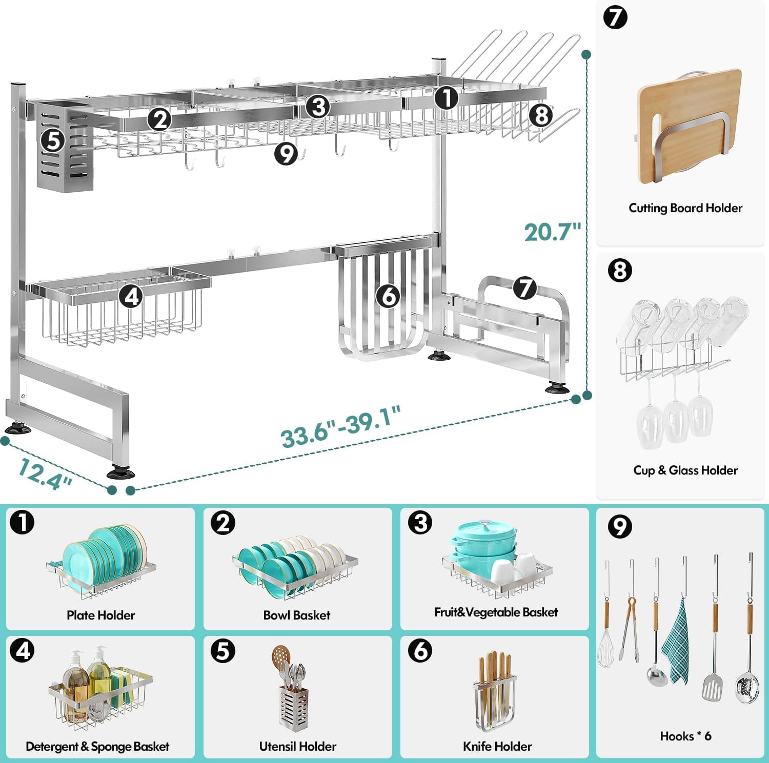 MAJALiS Over Sink Dish Drainer Drying Rack, 2 Tier Stainless Steel Dish Rack Over Sink Sink Length