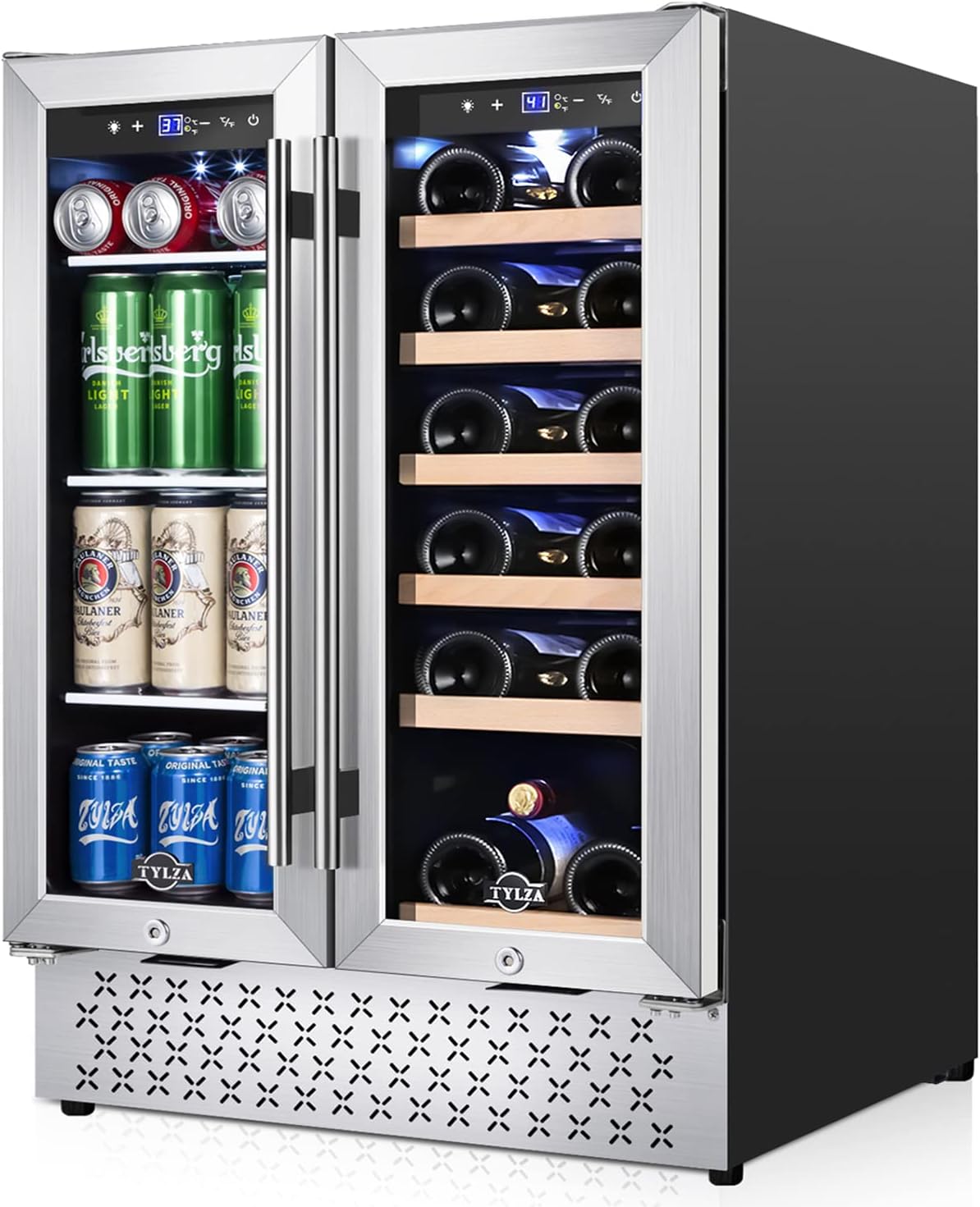 Tylza Wine and Beverage Refrigerator 24 Inch Dual Zone, French Door Wine and Beverage Cooler 24''