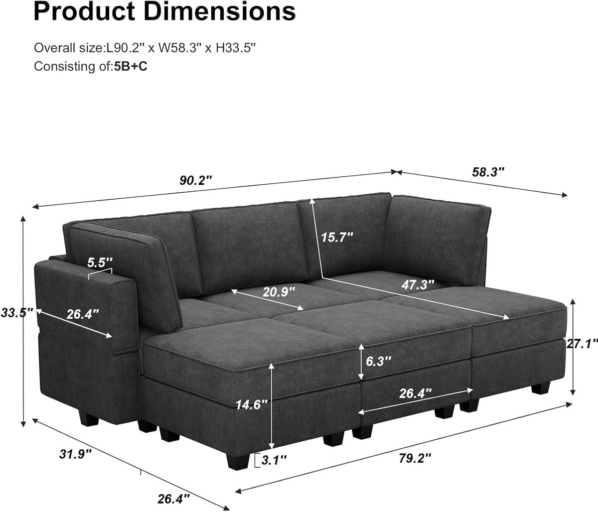 Belffin Terry Fabric Modular Sectional Sleeper Sofa Bed with Storage Convertible Sectional Couches