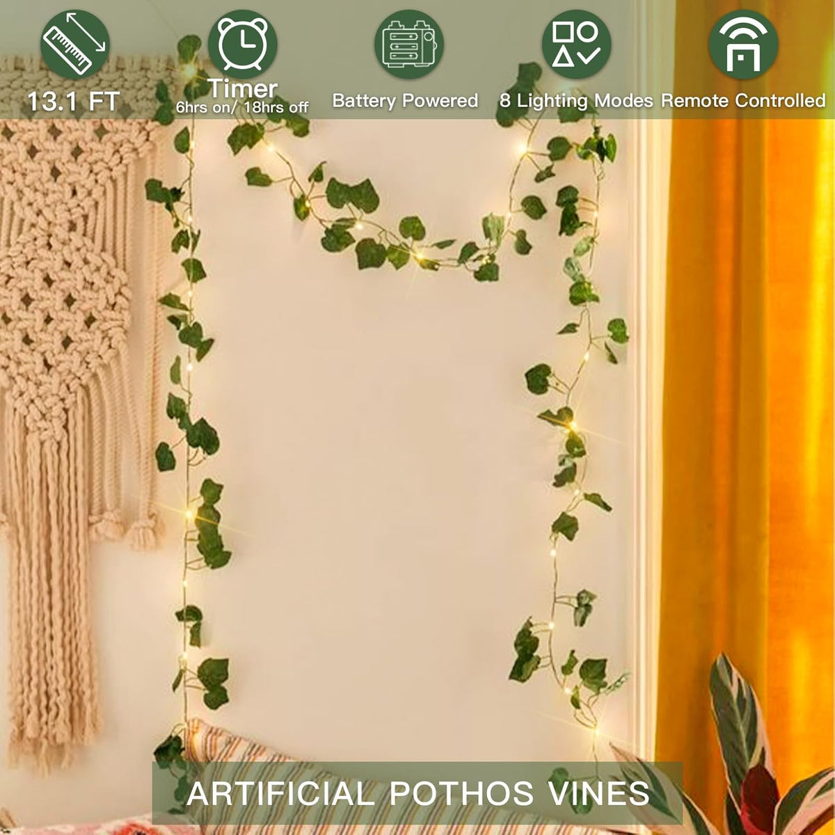 suddus Vine with Fairy Lights Battery Operated, 13.1ft 40 LED Pothos String Lights with Remote