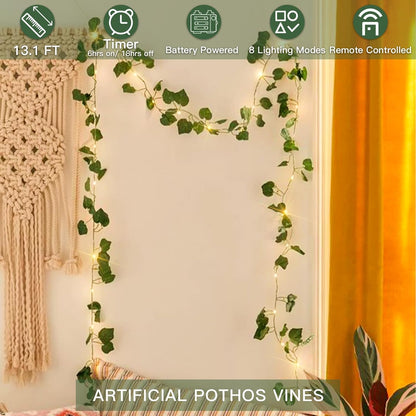 suddus Vine with Fairy Lights Battery Operated, 13.1ft 40 LED Pothos String Lights with Remote
