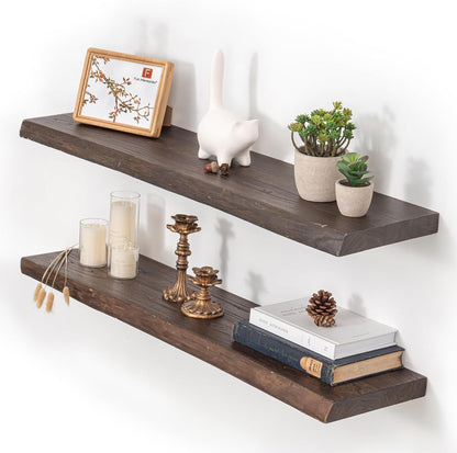 Floating Shelves for Wall, 36"x9.3" Rustic Solid Live-Edge Elm Wood Wall Shelves, Heavy-Duty