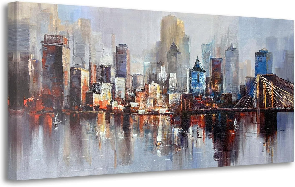 Arjun Brooklyn Bridge Wall Art Modern New York City Abstract Canvas Cityscape Painting, NYC Skyline