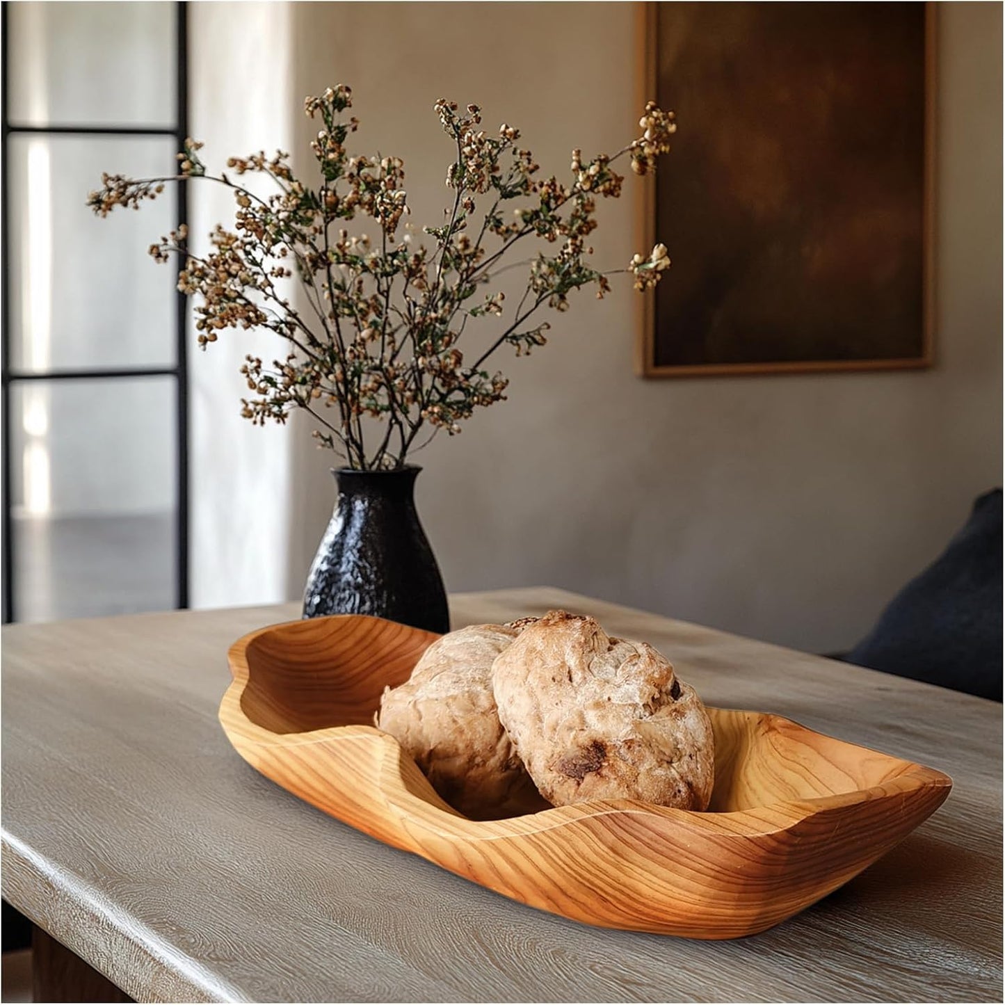 ZOY&TORA Large Handmade Decorative Wooden Dough Bowl, Natural Wood Grain Finish,Kitchen Coffee