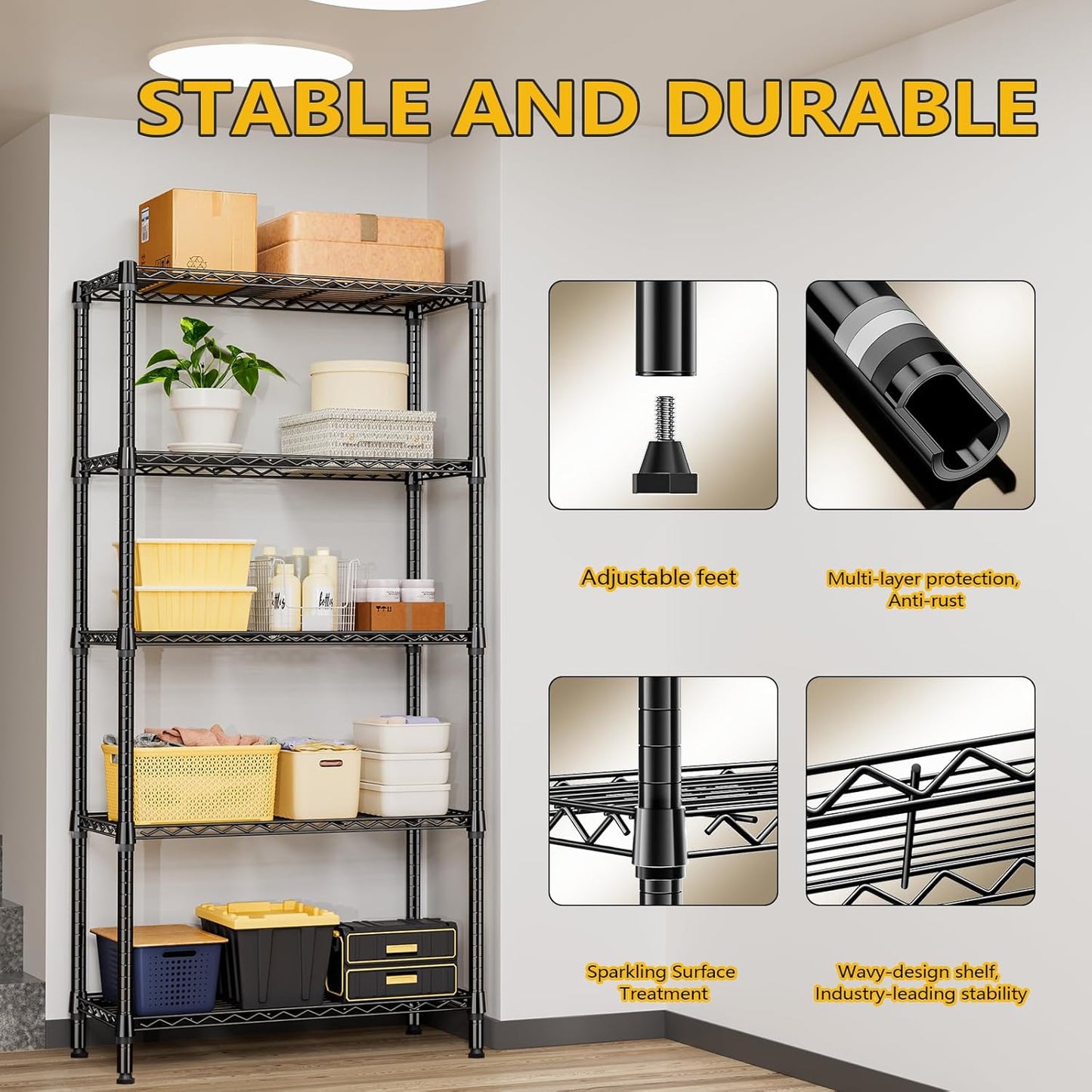 1250 lbs 5 Tier Shelf Metal Storage Shelves Shelving Wire Rack Heavy Duty Closet Organizers for