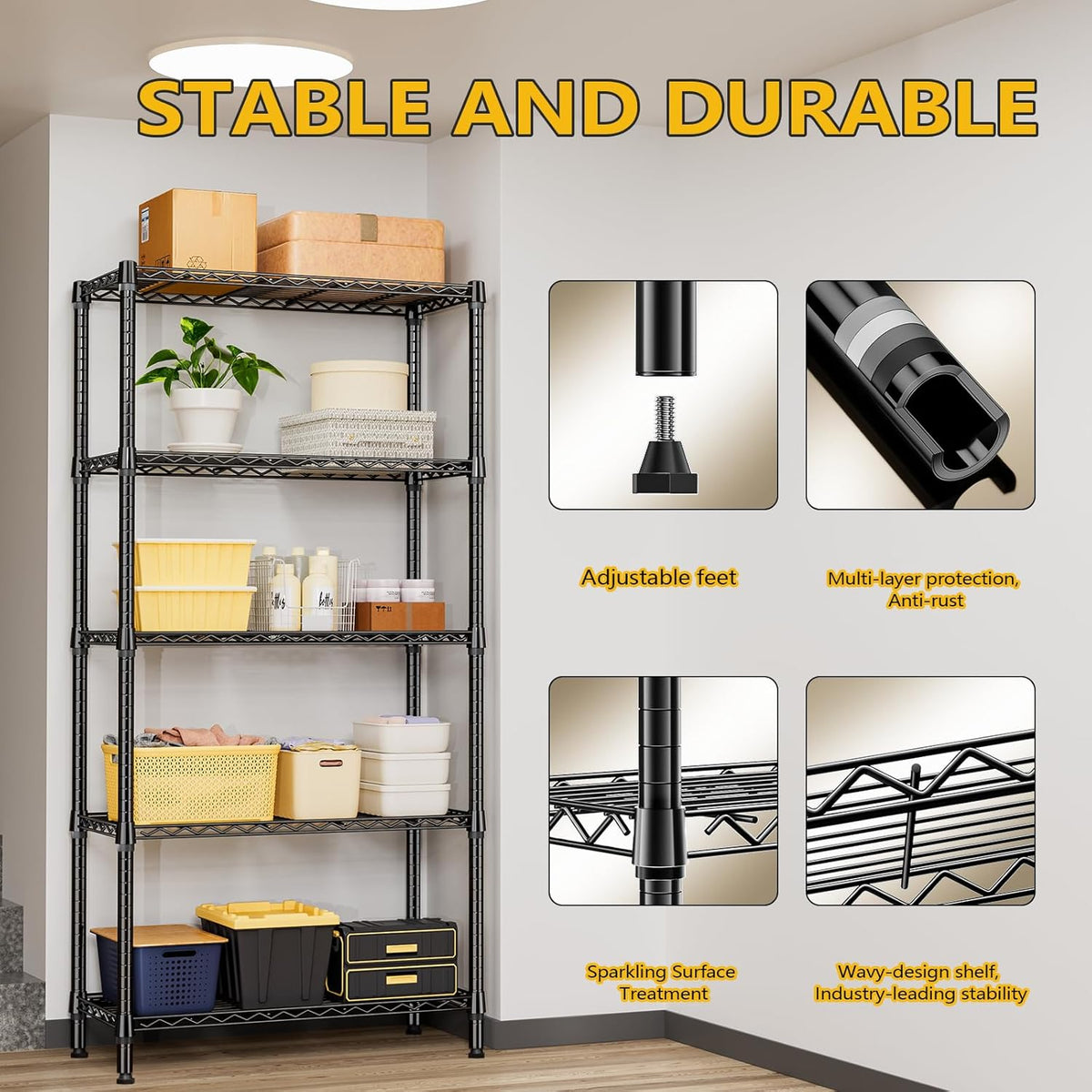 1250 lbs 5 Tier Shelf Metal Storage Shelves Shelving Wire Rack Heavy Duty Closet Organizers for