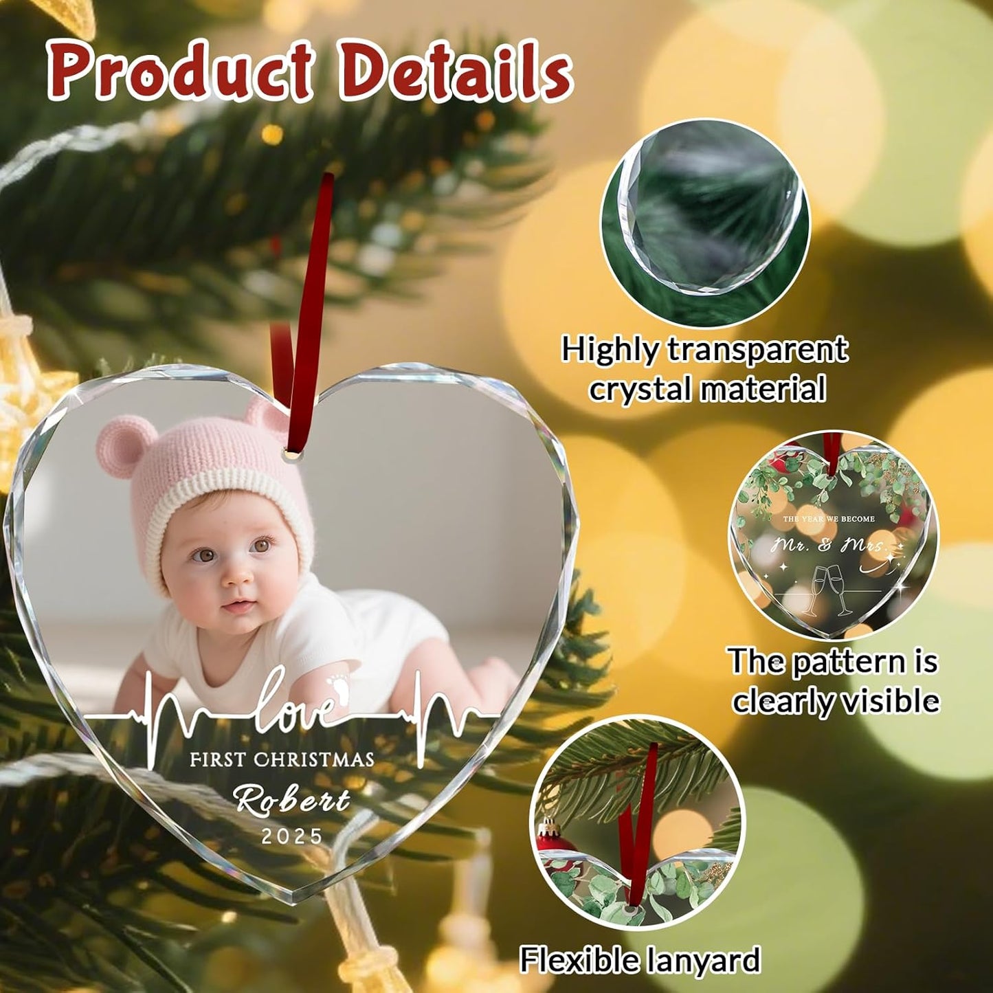 Custom Christmas Ornament Glass-Personalized Christmas Ornaments with Photo/Name/Date/Text,Wedding