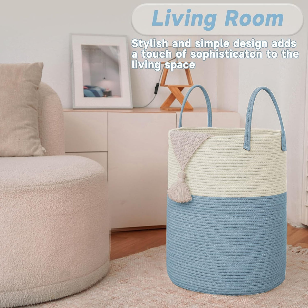 Large Woven Laundry Basket Hamper,60L Cotton Rope Storage Bin for Blankets,Toys and