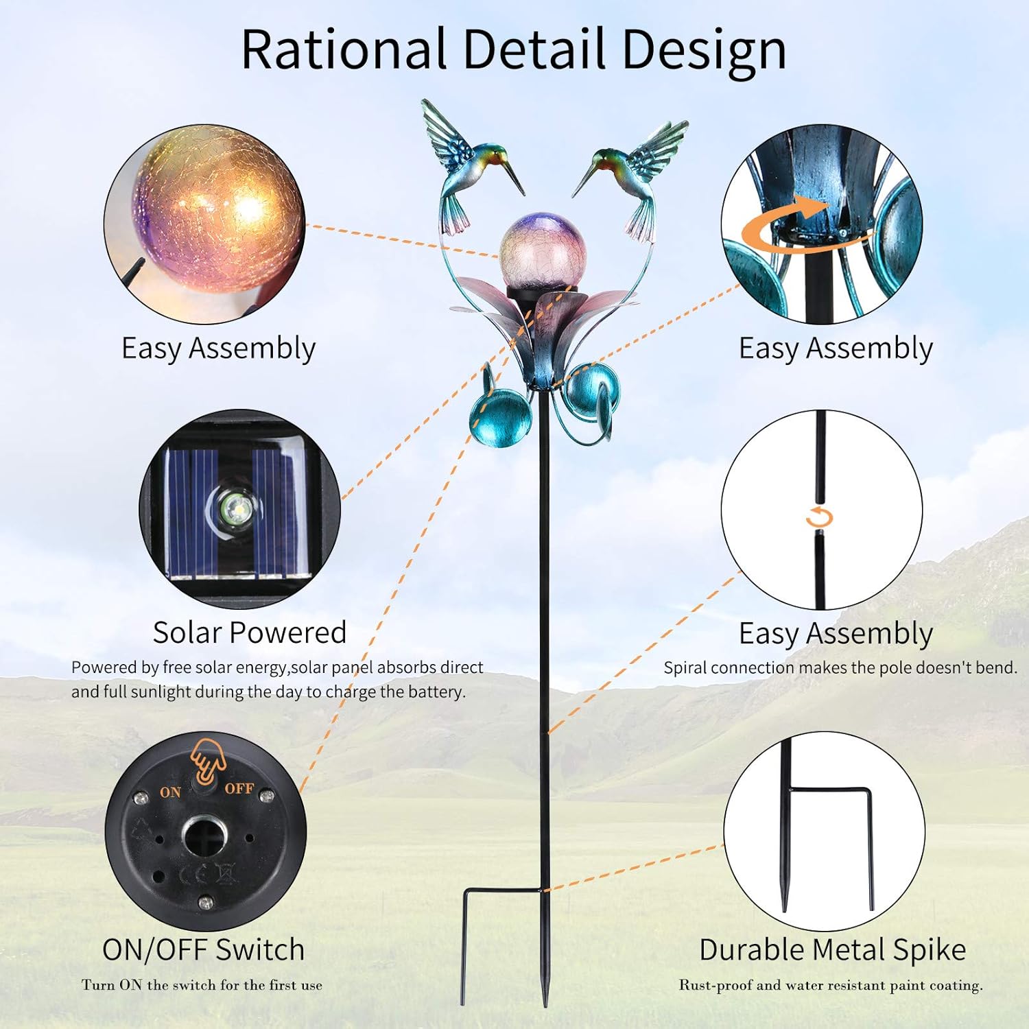 VCUTEKA Solar Lights Outdoor Metal Garden Stake Waterproof Crackle Glass Globe Garden Decor
