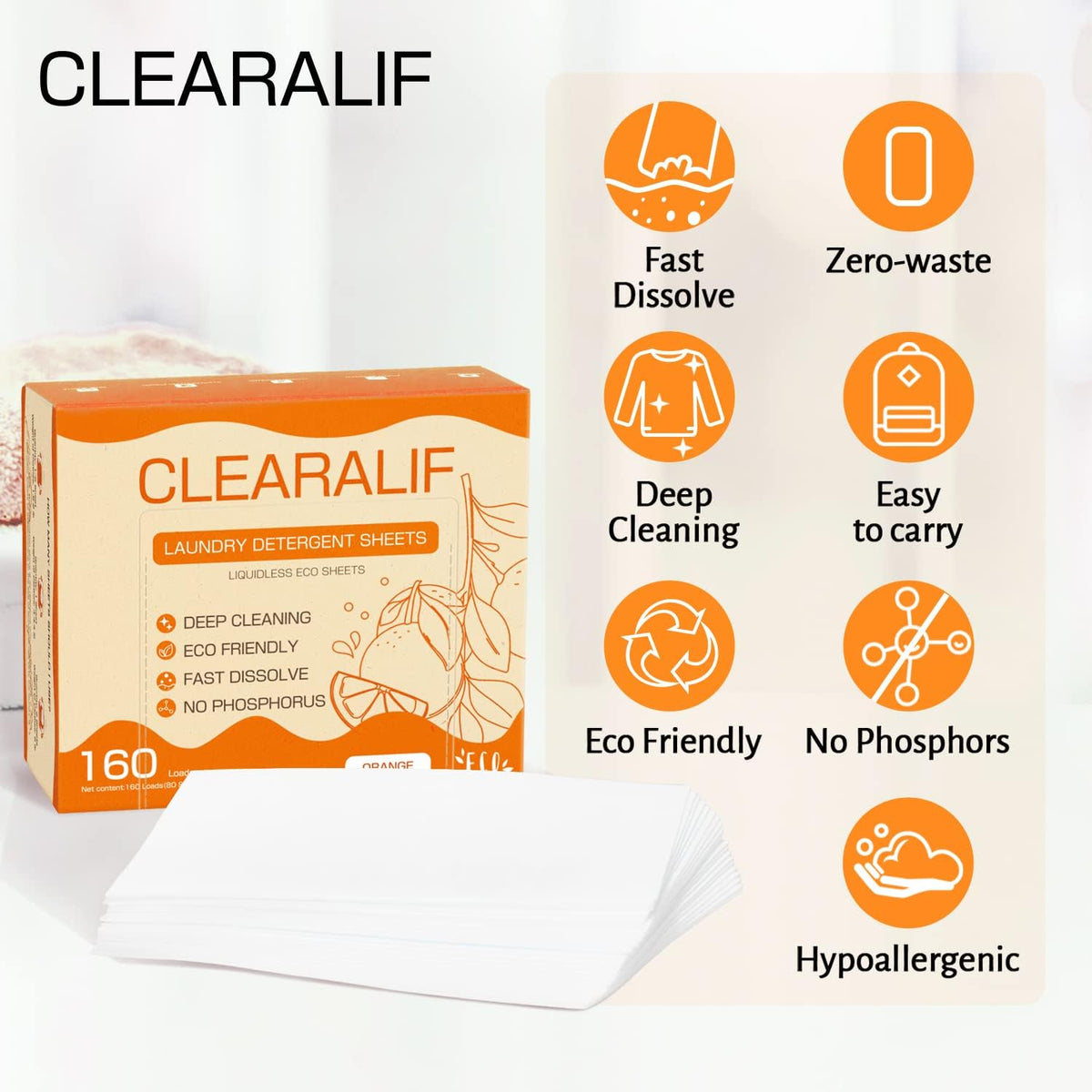 CLEARALIF Laundry Detergent Sheets (320 Loads), Orange,Great For Travel,Apartments, Dorms,CLEARALIF