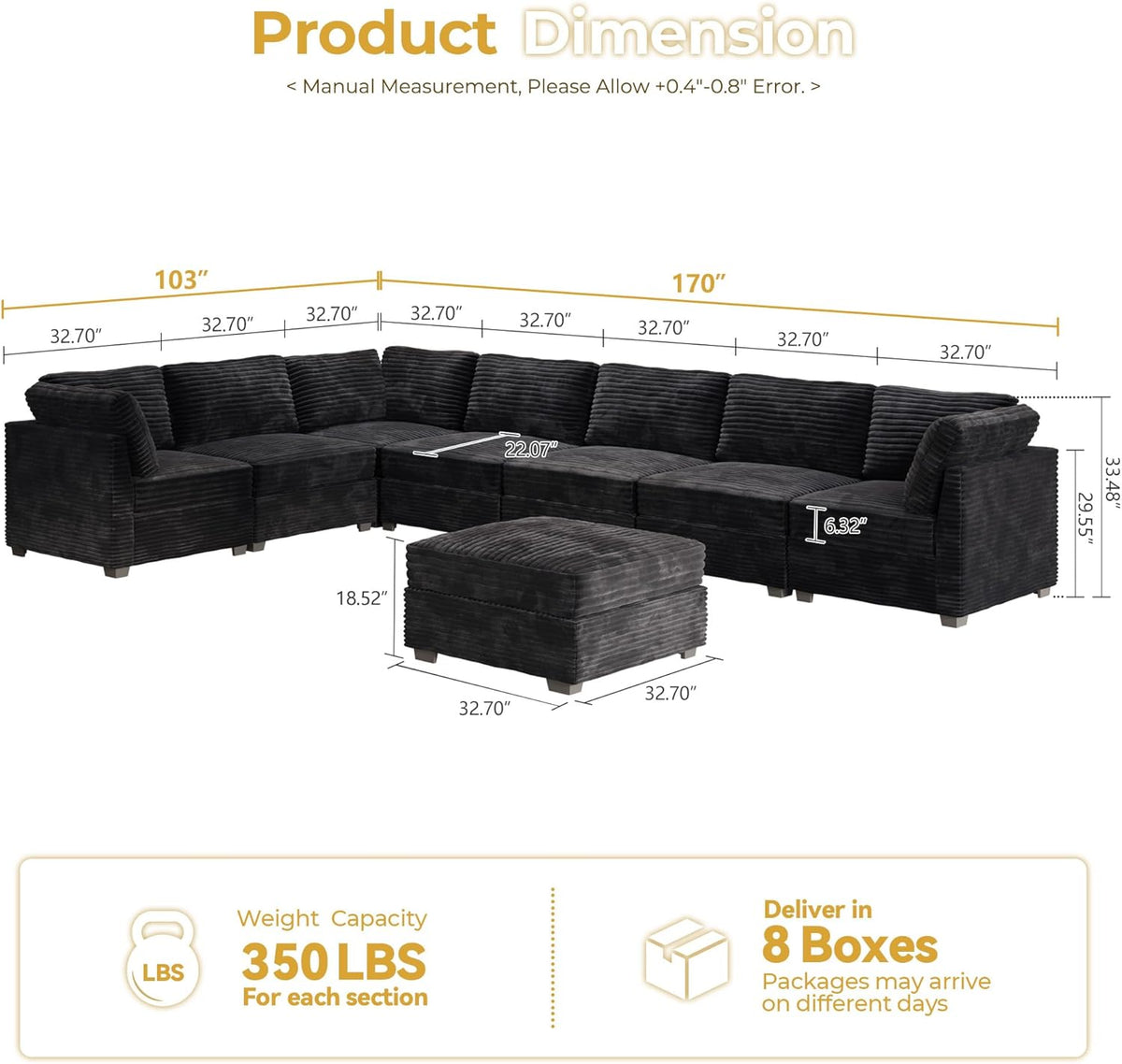 HOOOWOOO Modular Sectional Sofa,8 Pieces Sectional Couches for Living Room,164X66 L Shaped Cloud