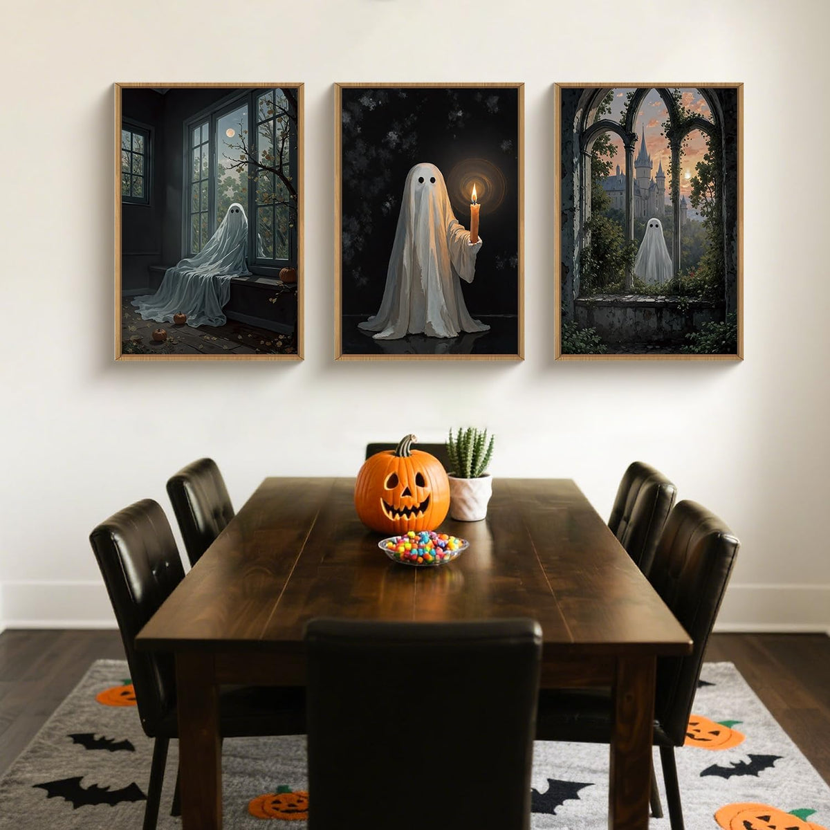 LHIUEM Large Halloween Cute Ghost Framed Canvas Wall Art Set,Vintage Spooky Wall Decor,Retro Dark