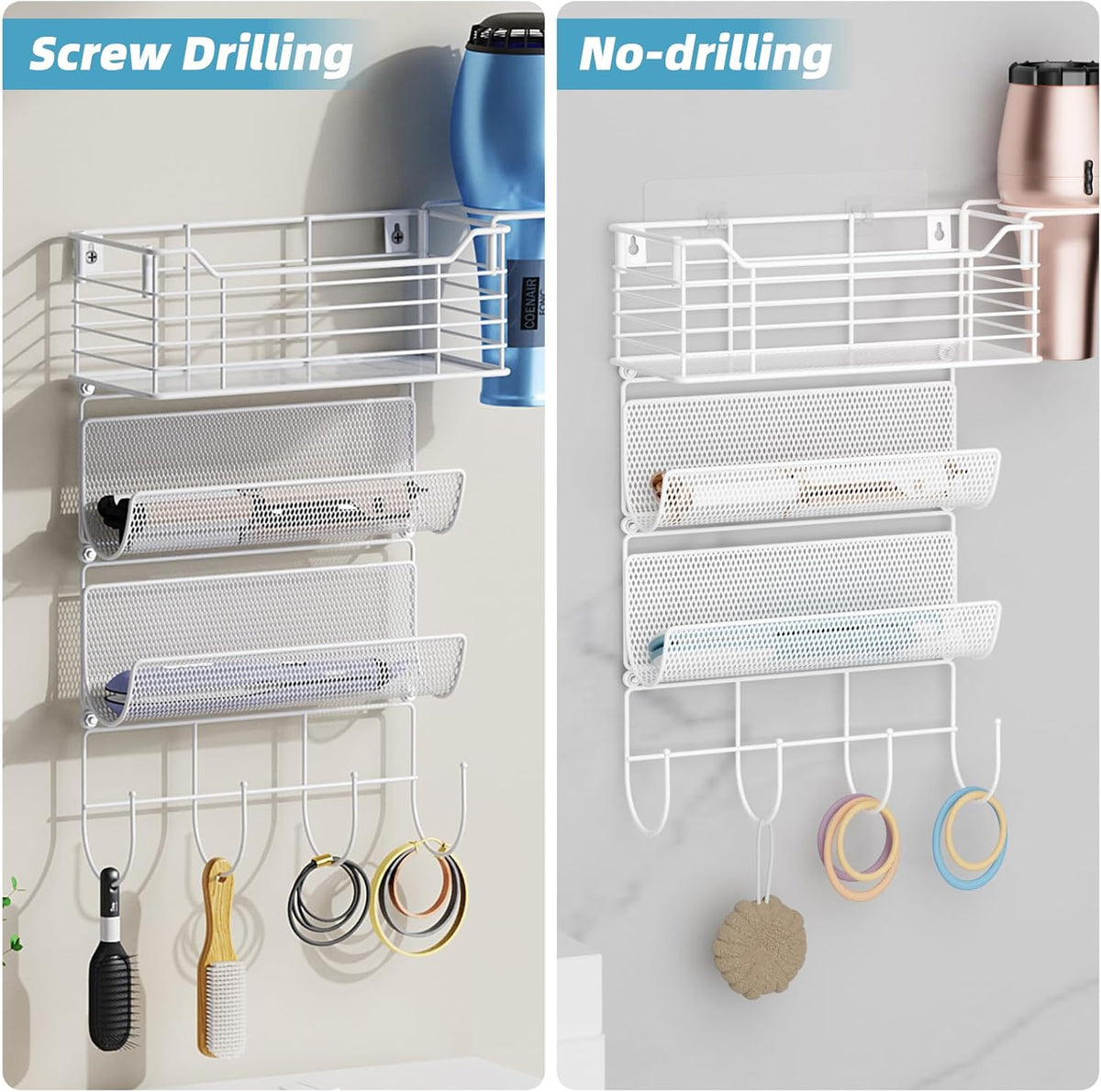 VITVITI Metal Hair Tool Organizer Wall Mount, Hair Dryer Holder with 3 Tier Shelf Basket Hooks