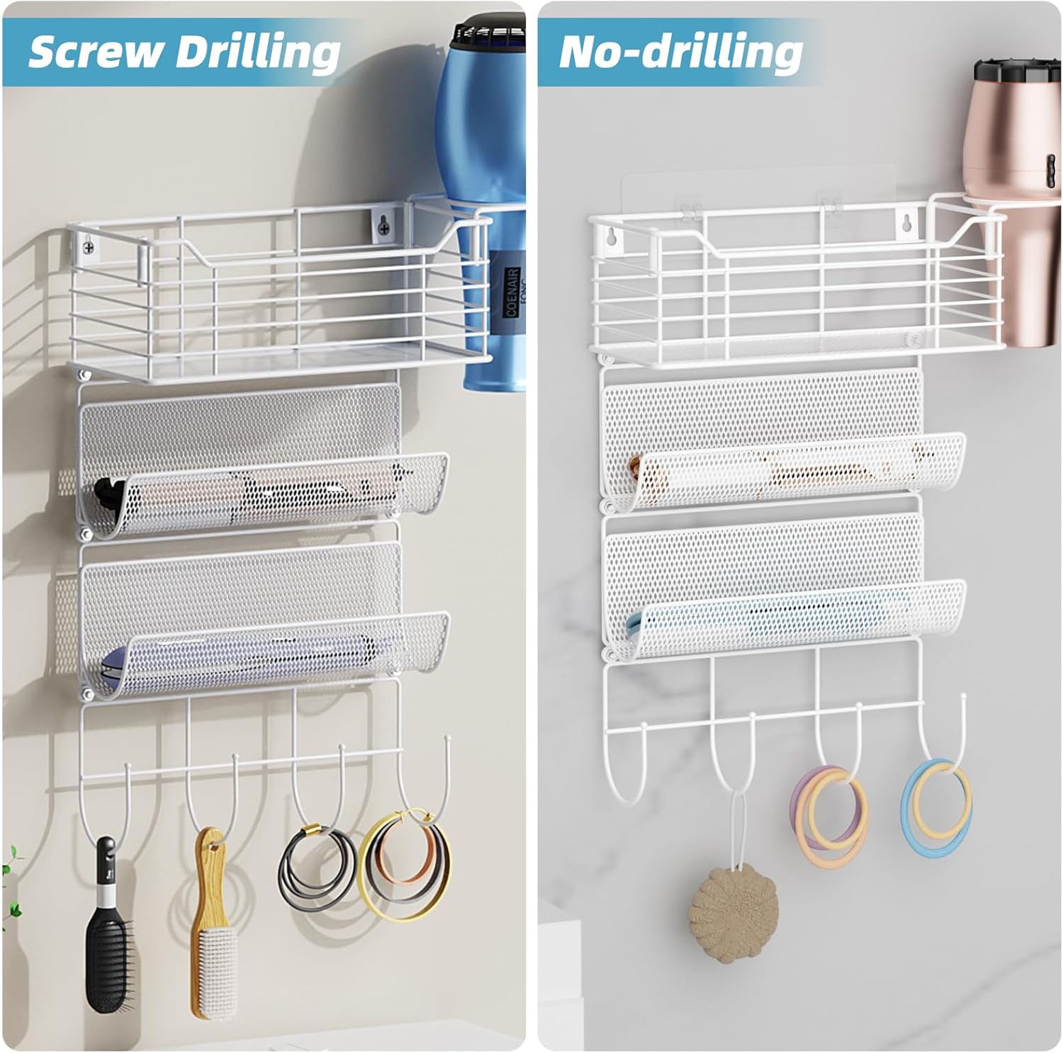 VITVITI Metal Hair Tool Organizer Wall Mount, Hair Dryer Holder with 3 Tier Shelf Basket Hooks