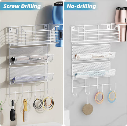 VITVITI Metal Hair Tool Organizer Wall Mount, Hair Dryer Holder with 3 Tier Shelf Basket Hooks