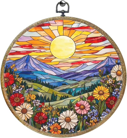 Wildflowers Sunset Flower Floral Garden Decor, Gift for Mom, Nature Lover Gift Framed Round Wall
