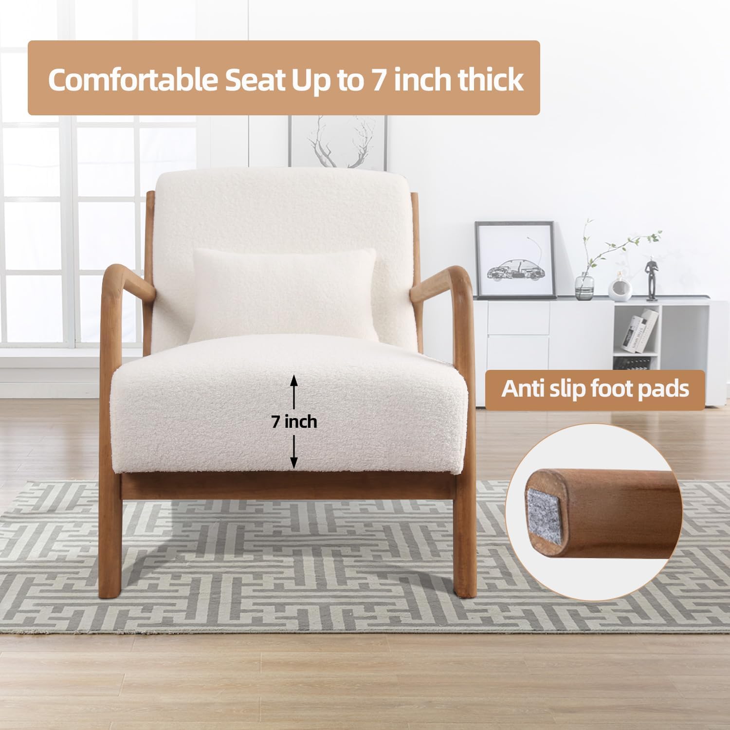 INZOY Mid Century Modern Accent Chair with Lamb Wool Fabric, Upholstered Living Room Chairs with