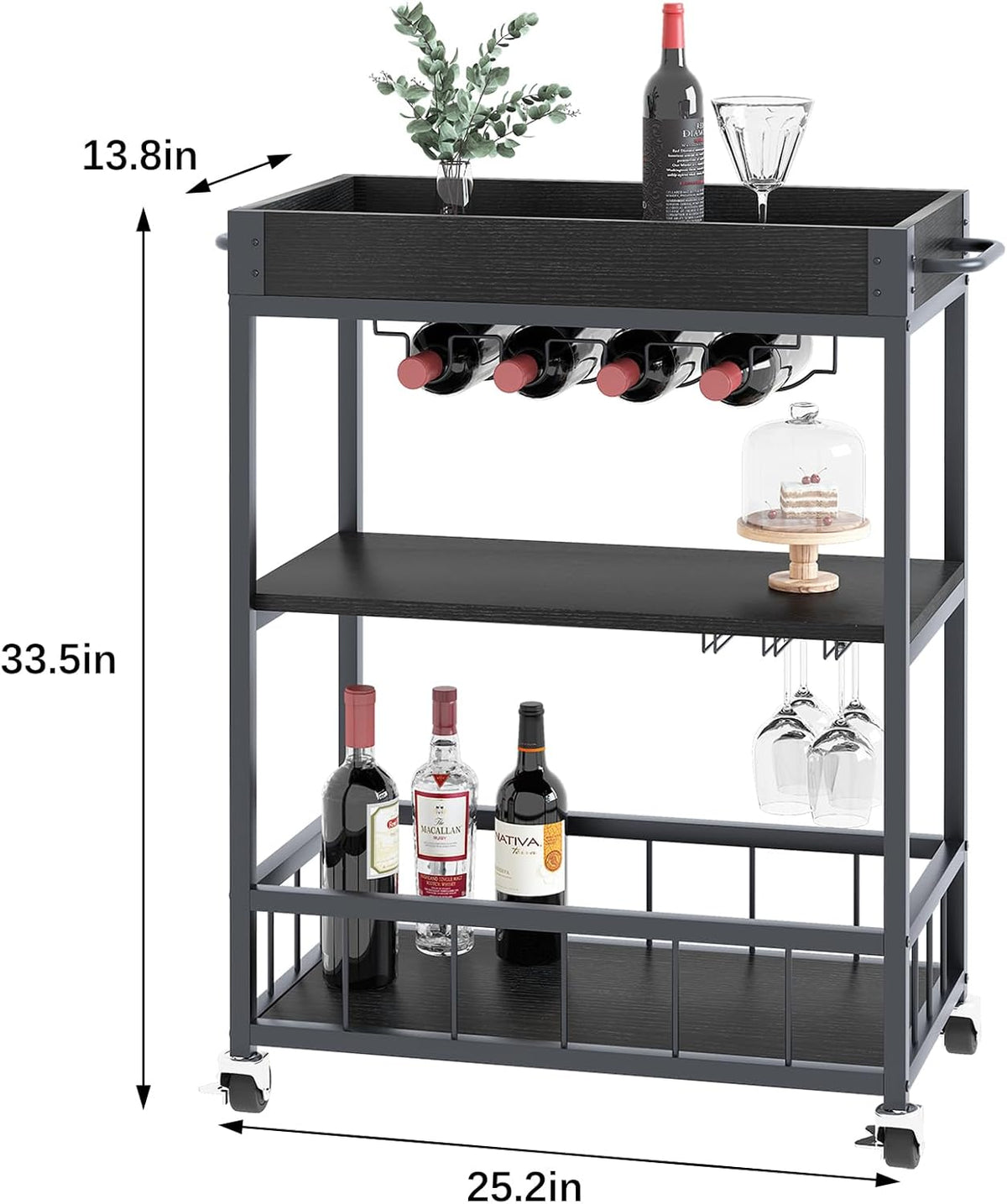 Bar Cart Serving Wine 3 Tier Home Rolling Rack with Wheels Mobile Kitchen Industrial Vintage Style
