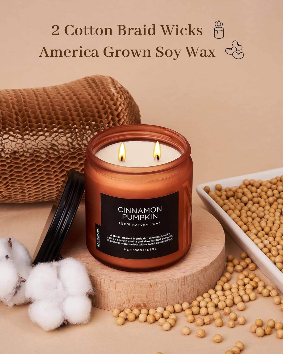 M&SENSE Cinnamon Pumpkin Fall Scented Candles, 11.6oz Soy Natural Candles 70 Hours Long Lasting