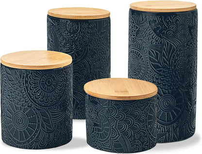 American Atelier Embossed Canister 4-Piece Ceramic Set Jar Container with Wooden Lids for Cookies