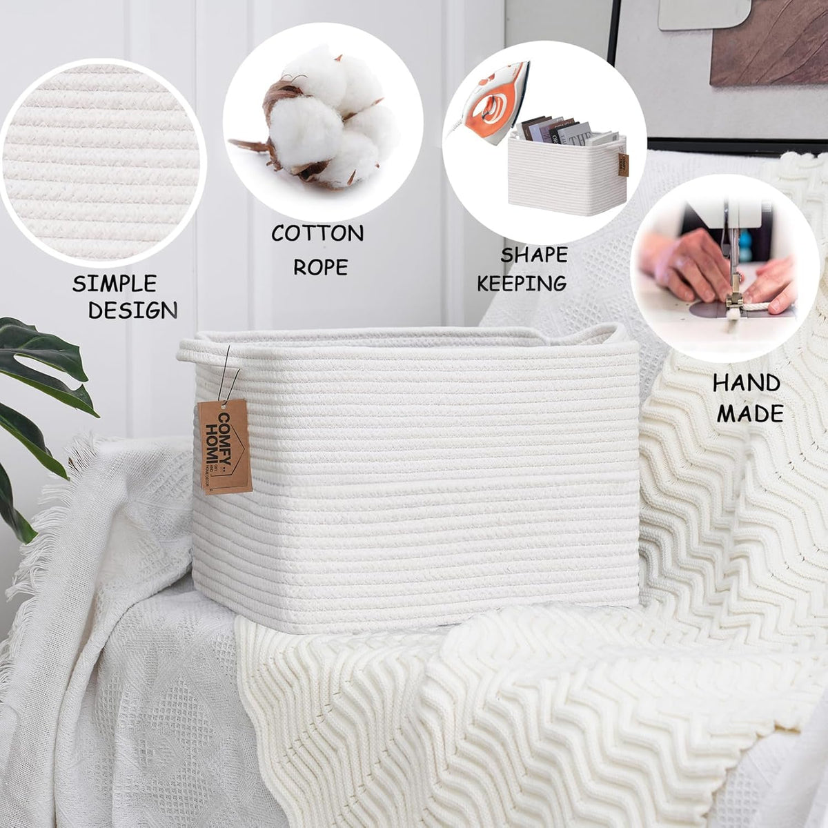 COMFY-HOMI Cotton Rope Woven Basket with Handles for Shelves,Toys,Book, Cloth Storage Baskets Bin