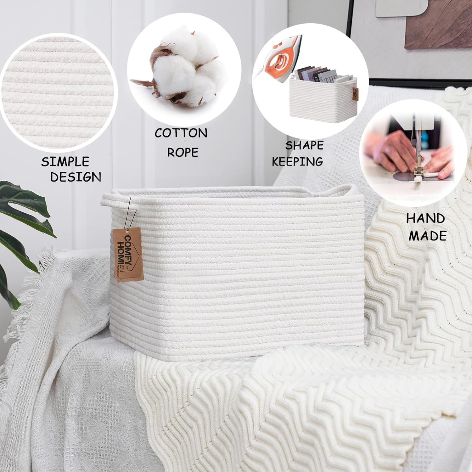 COMFY-HOMI Cotton Rope Woven Basket with Handles for Shelves,Toys,Book, Cloth Storage Baskets Bin