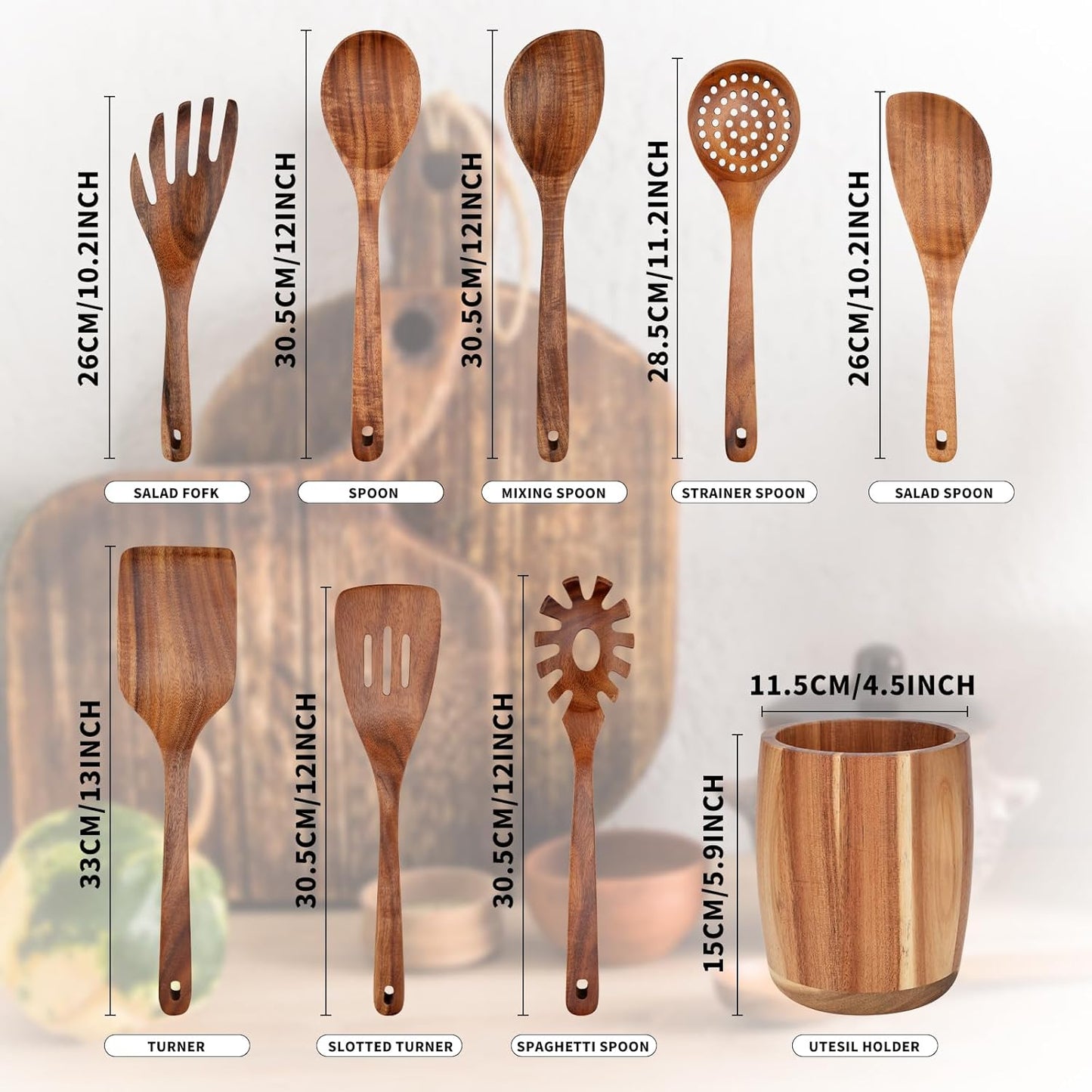 9 PCS Kitchen Utensils Set - Wooden Spoons for Cooking, Natural Teak Wooden Utensils - Includes