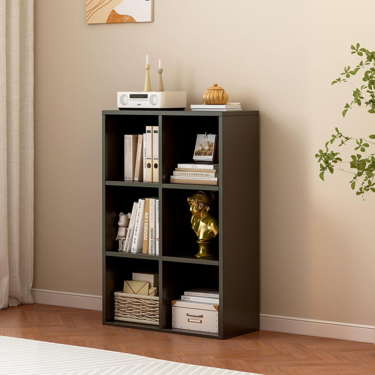 6-Cube Storage Shelf Bookcase - Wooden 3-Tier Floor Standing Open Bookshelf for Home and Office