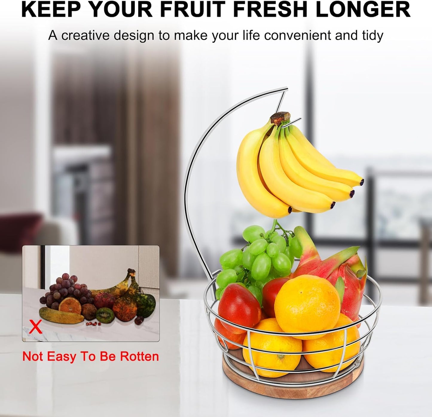 Livabber Countertop Fruit Basket Bowl with Banana Hanger, Modern Standing Fruit Vegetable Bowl