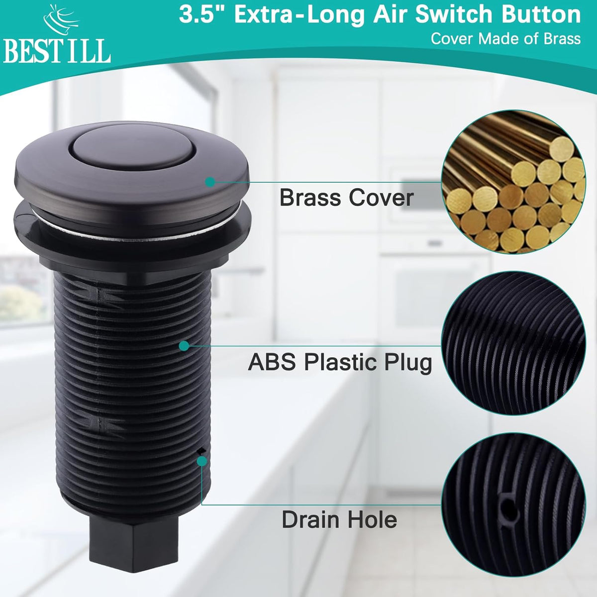 BESTILL Garbage Disposal Button, UL Listed, Cordless Sink Top Air Switch Kit for Waste Disposer
