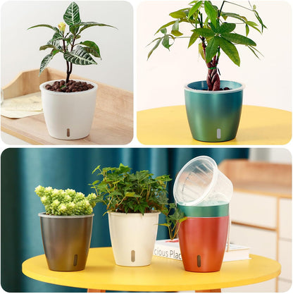 Self Watering Pots for Indoor Plants, 4-Pack 6.7'' Self Watering Planter with Drainage Holes, Small
